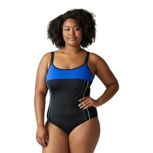 Delta Burke Plus Size 24W One Piece Swimsuit Black Blue Colorblock Moderate 1034